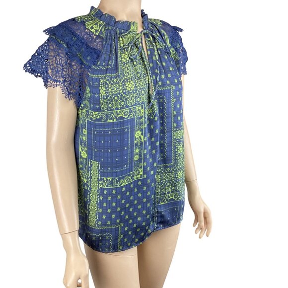 Current Air Anthropologie Top Size XS XSmall Bandana Print Blue Green Lace Sleev - Picture 8 of 10